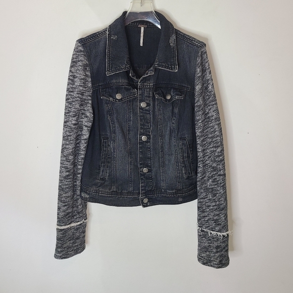 Free People Black Mixed Media Space Dye Knit Denim Jean Jacket Sz M - Picture 4 of 16